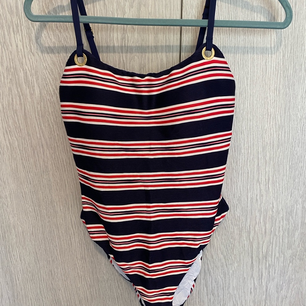 Striped One Piece Swimsuit - Navy and Red